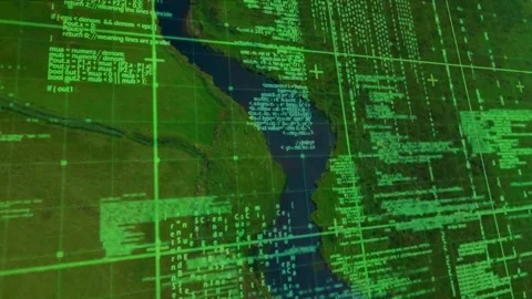 On map load digital grid framing code clusters and scrolling data visualizing Stock Footage 319801034