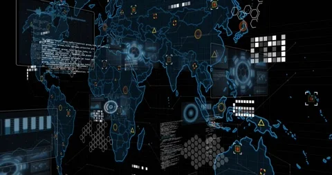 Map loading, blue map revealing HUD panels, icons pulsing, lines connecting Stock Footage 329946746
