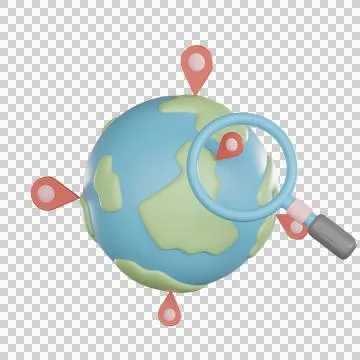 Map location 3d icon globe with pin marker and magnifier Stock Illustration