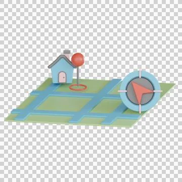 Map location 3d icon shows home marker and compass Stock Illustration
