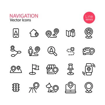 Map location and navigation line icon set. Pin, destination, GPS, mobile phone Stock Illustration