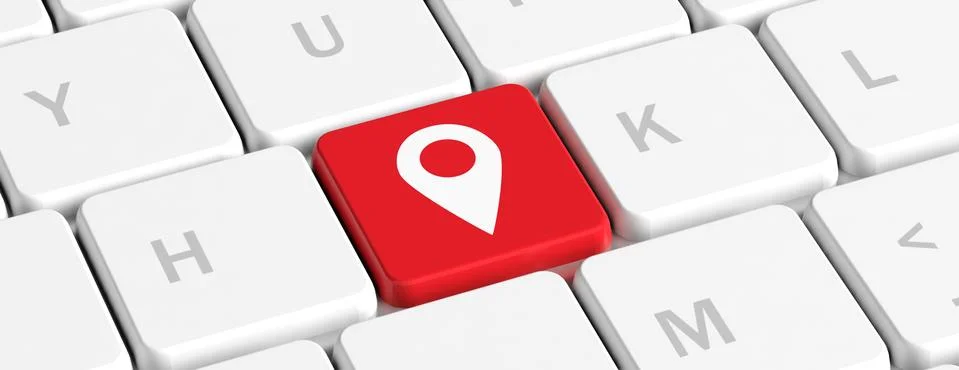 Map, location concept. Red key button with a pointer sign on a computer keybo Stock Illustration