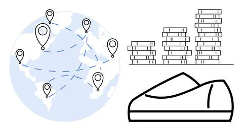 Map with location markers indicating a global network, stacks of products sym Ilustración de archivo