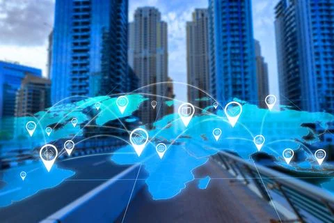 Map with location markers shown on a city road surrounded by tall buildings Stock Photos
