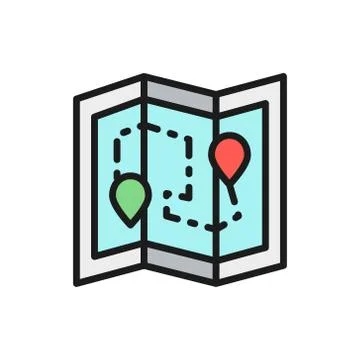 Map with location pin, delivery package route, logistics flat color icon. Stock Illustration