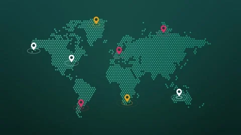 Map location pins bobbing and pulsing over a teal dotted world map Stock-Footage 348337227