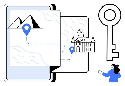 Map with location pins leading from pyramids to a castle, held by a person in Stock Illustration