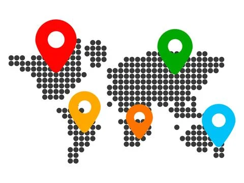 Map with location pointers, continents with geotag. Connection and international Stock Illustration