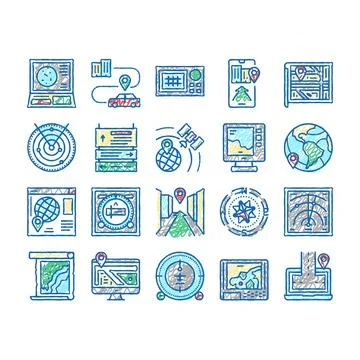 Map Location System set Icons hand drawn Stock Illustration