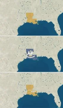 The map of Louisiana with text, textless, and with flag Stock Illustration