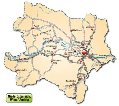 Map of lower austria with highways in pastel orange Stock Illustration