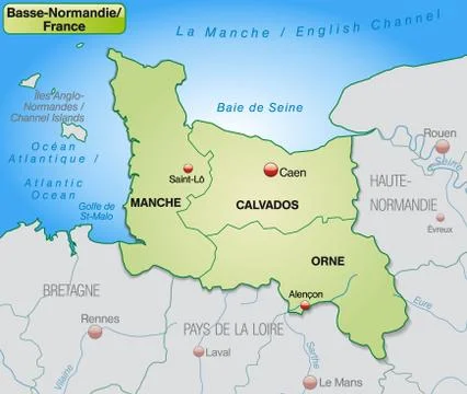 Map of lower normandy with borders in pastel green Stock Illustration