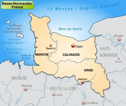 Map of lower normandy with borders in pastel orange Stock Illustration
