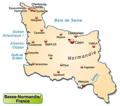 Map of lower normandy as an overview map in pastel orange Stock Illustration