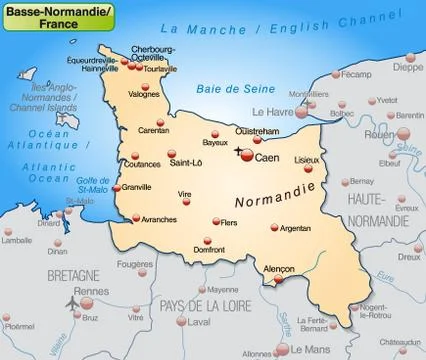 Map of lower normandy as an overview map in pastel orange Stock Illustration