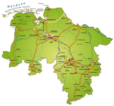 Map of lower saxony with highways in green Stock Illustration