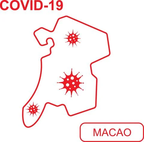 Map of Macao labeled COVID-19. White outline map on a red background. Stock Illustration