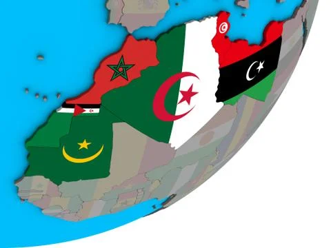 Map of Maghreb region with flags on globe Stock Illustration
