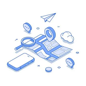 Map with a magnifying glass and geolocation markers alongside a smartphone an Illustrazione stock