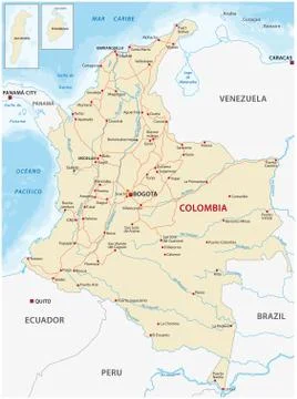 Map with the main roads and rivers of Colombia Stock Illustration