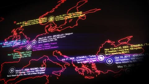Map of Major Terrorist Attacks in Europe between 2000-2016 Stockillustratie