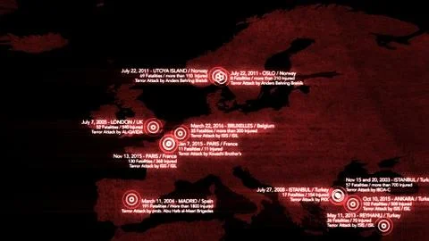 Map of Major Terrorist Attacks in Europe between 2000-2016 Stock Illustration