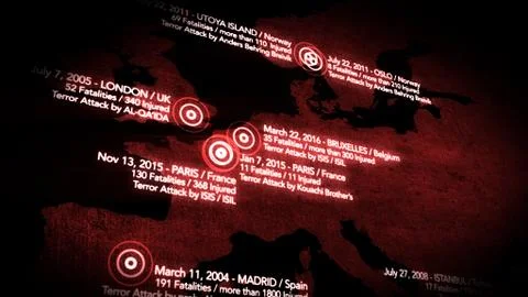 Map of Major Terrorist Attacks in Europe between 2000-2016 库存插图