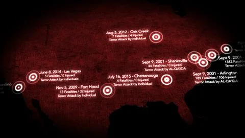 Map of Major Terrorist Attacks in the USA between 2000-2016 Stock Illustration