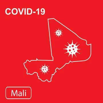 Map of Mali labeled COVID-19. White outline map on a red background. Stock Illustration