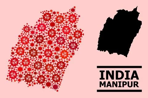 Map of Manipur State - Collage of Covid Biohazard Infection Elements Stock Illustration