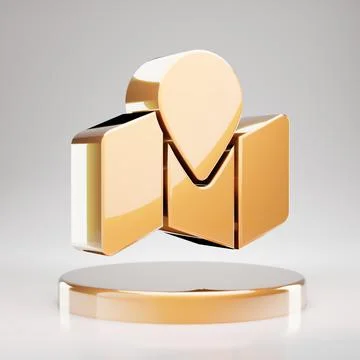 Map Marked icon. Yellow Gold Map Marked symbol on golden podium. イラスト素材