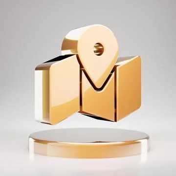 Map Marked icon. Yellow Gold Map Marked symbol on golden podium. Stock Illustration
