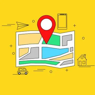 Map with marker and different location related elements Illustrazione stock