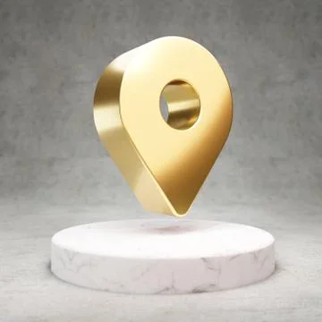 Map Marker icon. Shiny golden Map Marker symbol on white marble podium. Stock Illustration