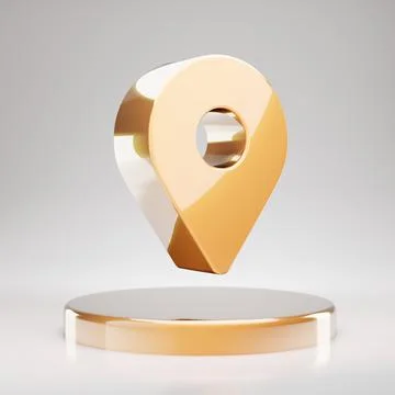 Map Marker icon. Yellow Gold Map Marker symbol on golden podium. Stock Illustration