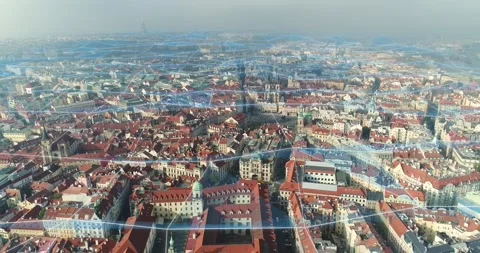 Map markers above Prague. Marking tourist places with map markers above Prague Stock Footage 311010976