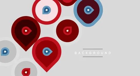 Map markers, circles, eyes. Red, blue, gray colors dominate design. Minimalis Illustrazione stock