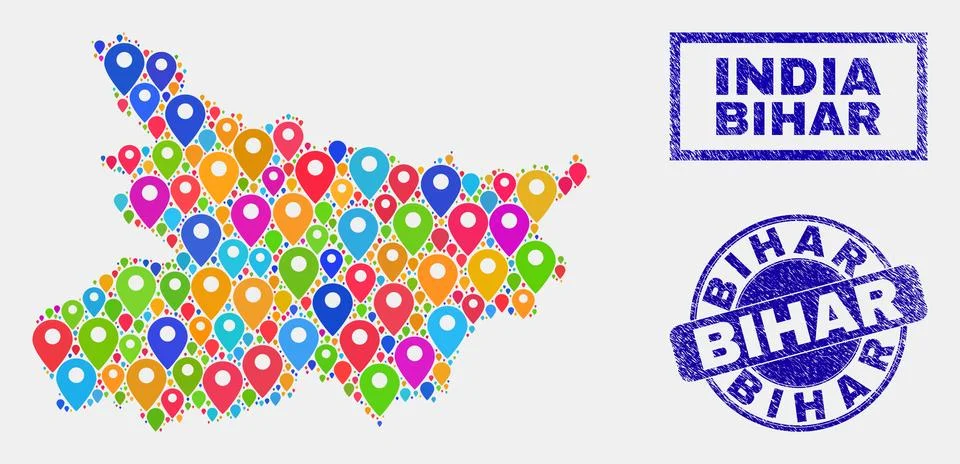 Map Markers Collage of Bihar State Map and Textured Stamp Seals 스톡 일러스트