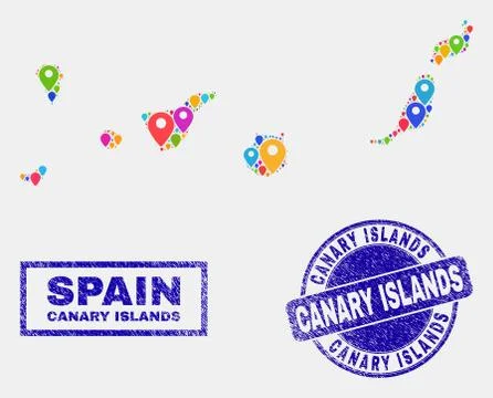 Map Markers Collage of Canary Islands Map and Scratched Seals 스톡 일러스트