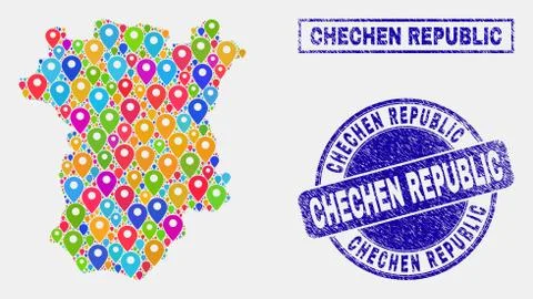 Map Markers Collage of Chechen Republic Map and Textured Stamps 스톡 일러스트