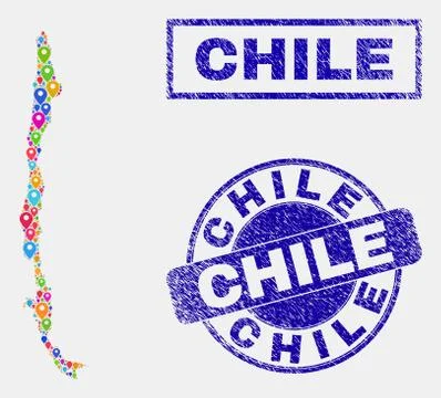 Map Markers Collage of Chile Map and Scratched Stamps 스톡 일러스트