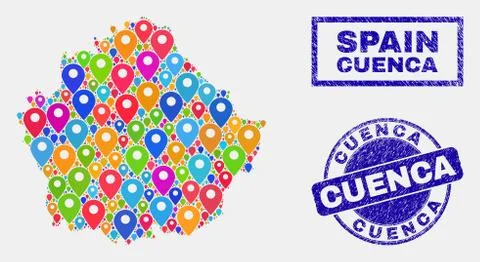 Map Markers Collage of Cuenca Province Map and Grunge Stamp Seals 스톡 일러스트