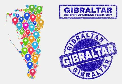 Map Markers Collage of Gibraltar Map and Textured Stamps 스톡 일러스트
