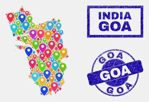 Map Markers Collage of Goa State Map and Scratched Seals イラスト素材