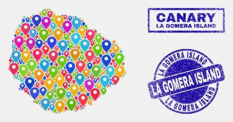 Map Markers Collage of La Gomera Island Map and Textured Stamps 스톡 일러스트