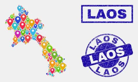 Map Markers Collage of Laos Map and Textured Seals 스톡 일러스트