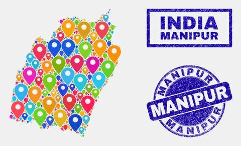 Map Markers Collage of Manipur State Map and Distress Seals イラスト素材