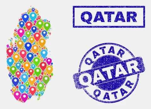 Map Markers Collage of Qatar Map and Distress Seals 스톡 일러스트