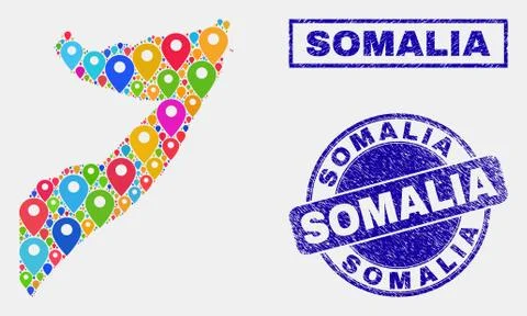 Map Markers Collage of Somalia Map and Textured Seals 스톡 일러스트
