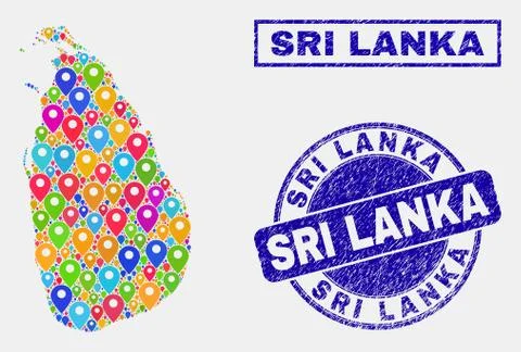 Map Markers Collage of Sri Lanka Map and Textured Stamps 스톡 일러스트